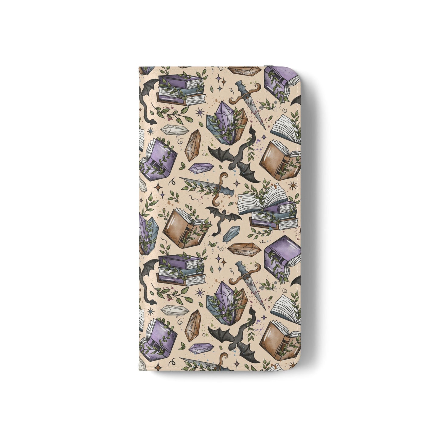 Witchy Bookish Flip Phone Case – Crystal, Bat & Spellbook Wallet Cover