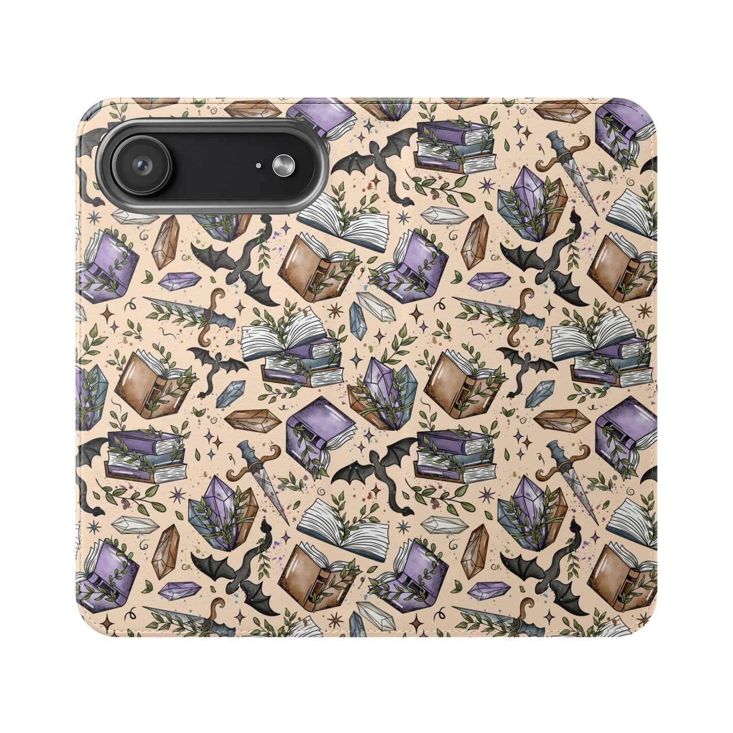 Witchy Bookish Flip Phone Case – Crystal, Bat & Spellbook Wallet Cover