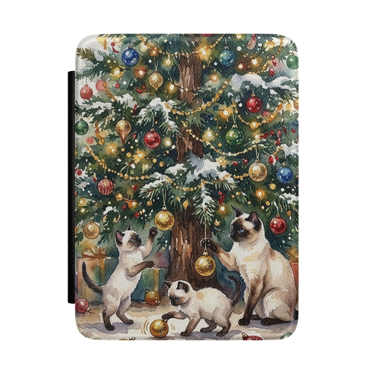 Kindle Case - Festive Christmas Tree with Playful Siamese Cats Holiday Cover