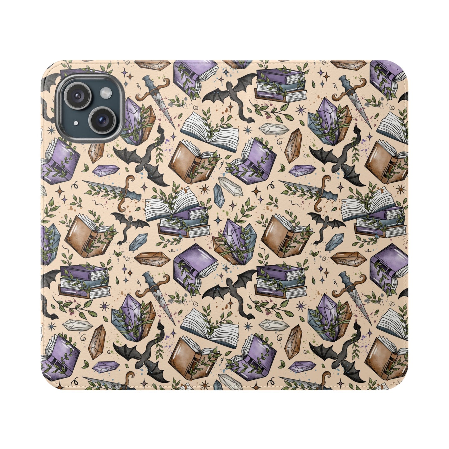 Witchy Bookish Flip Phone Case – Crystal, Bat & Spellbook Wallet Cover