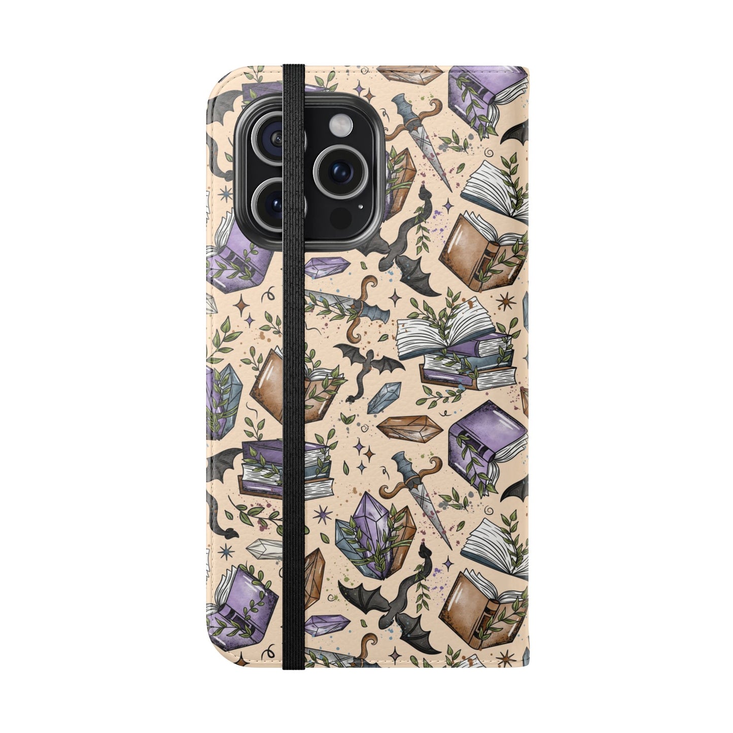 Witchy Bookish Flip Phone Case – Crystal, Bat & Spellbook Wallet Cover