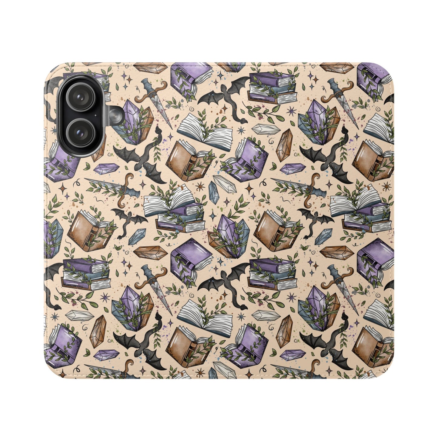 Witchy Bookish Flip Phone Case – Crystal, Bat & Spellbook Wallet Cover