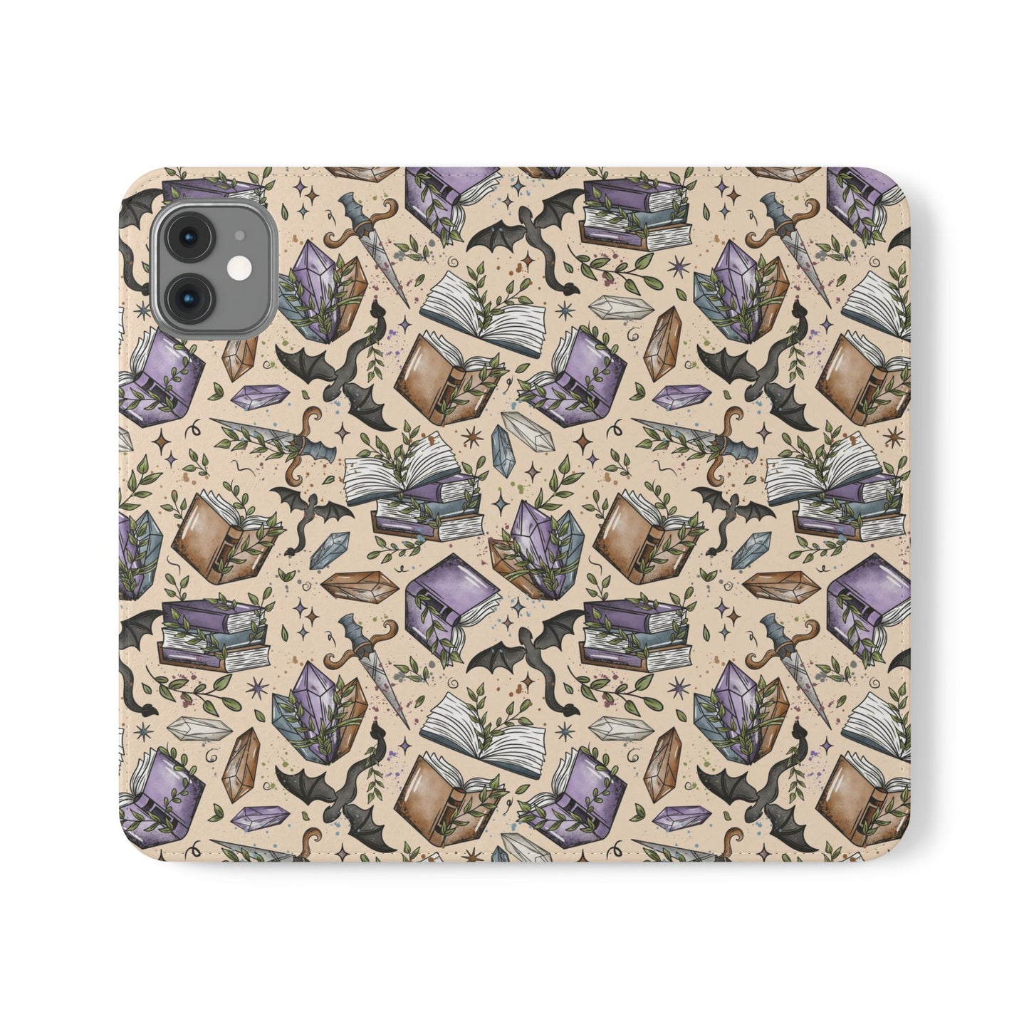 Witchy Bookish Flip Phone Case – Crystal, Bat & Spellbook Wallet Cover