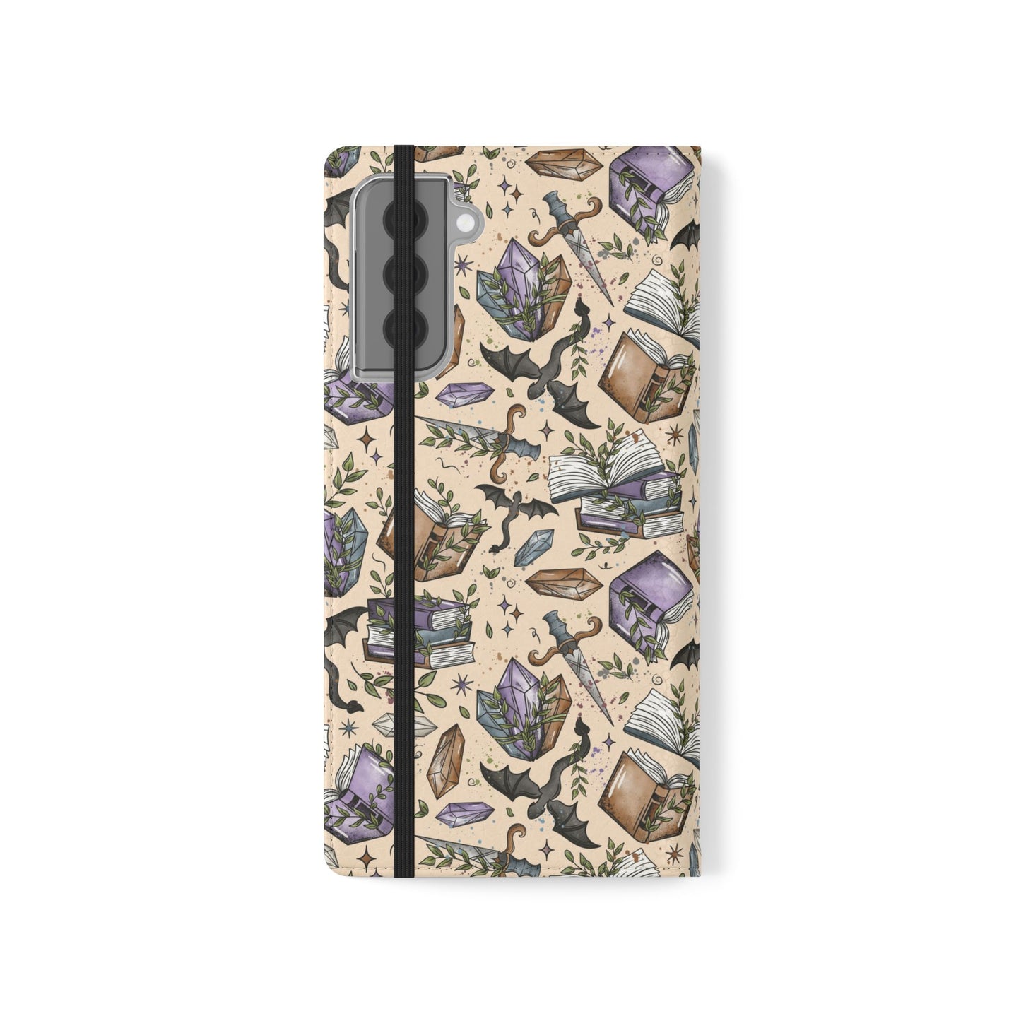 Witchy Bookish Flip Phone Case – Crystal, Bat & Spellbook Wallet Cover