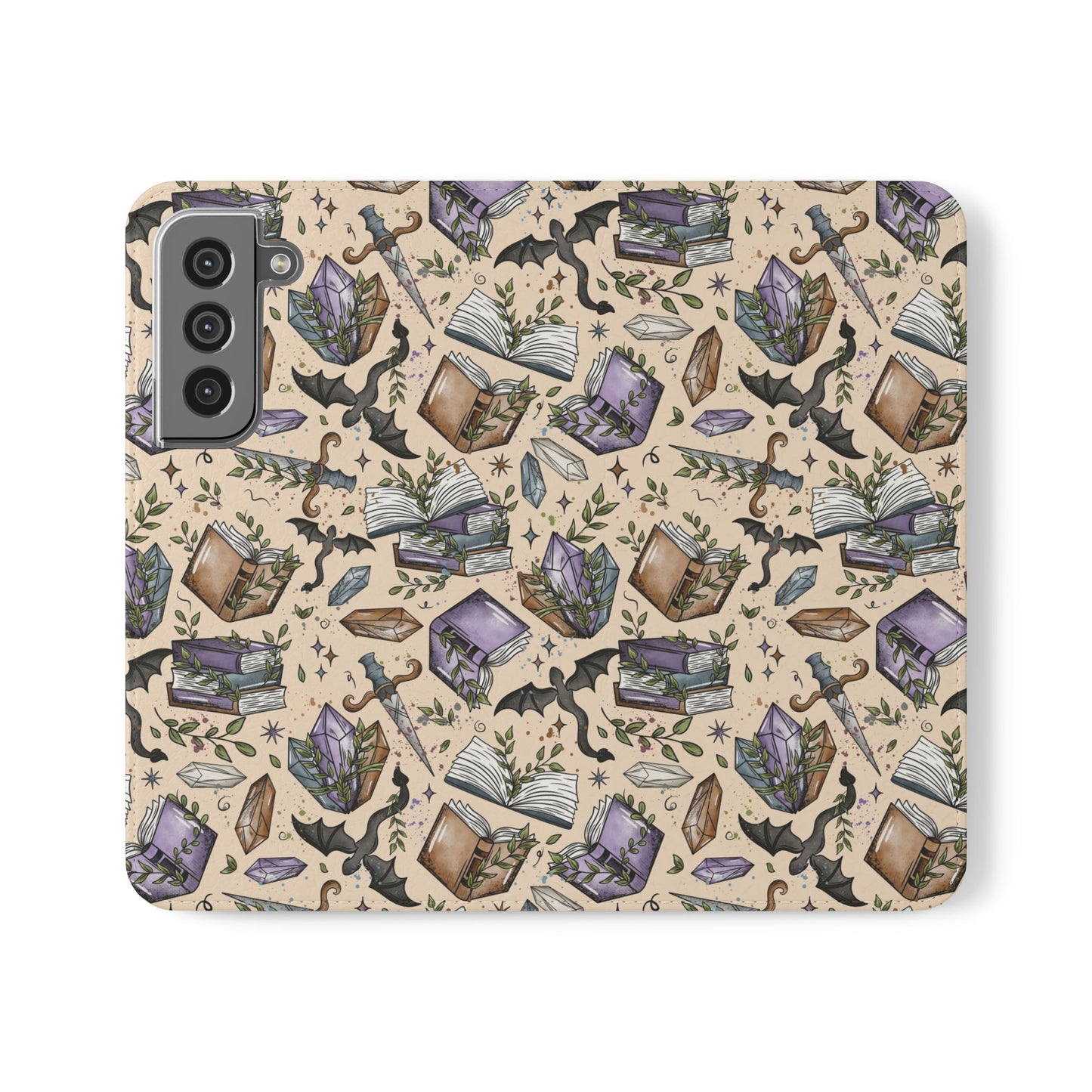 Witchy Bookish Flip Phone Case – Crystal, Bat & Spellbook Wallet Cover