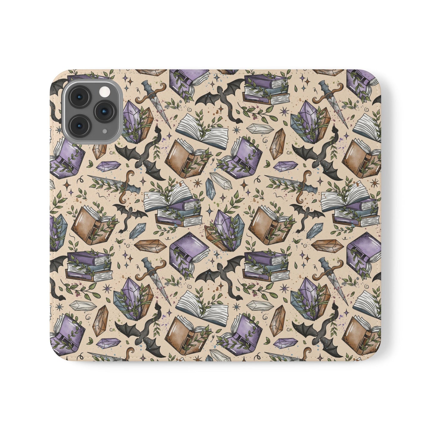 Witchy Bookish Flip Phone Case – Crystal, Bat & Spellbook Wallet Cover