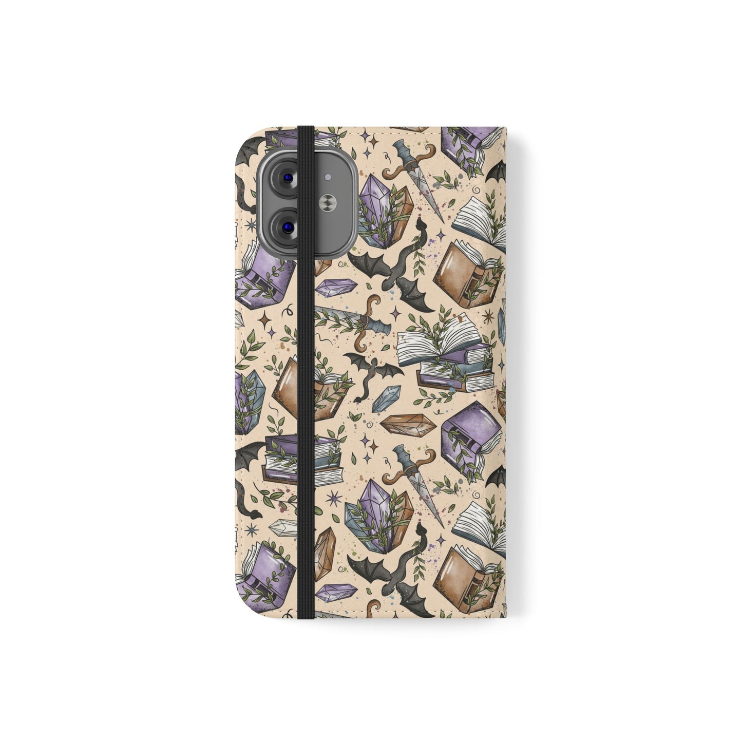 Witchy Bookish Flip Phone Case – Crystal, Bat & Spellbook Wallet Cover
