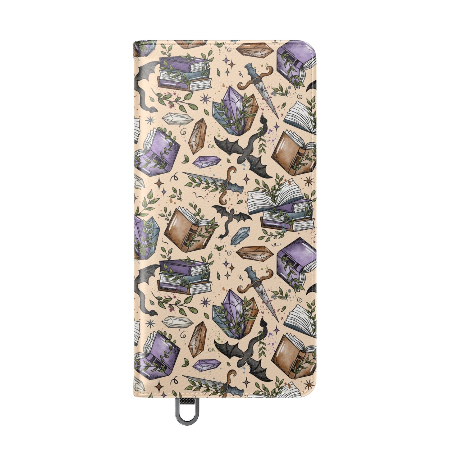 Witchy Bookish Flip Phone Case – Crystal, Bat & Spellbook Wallet Cover