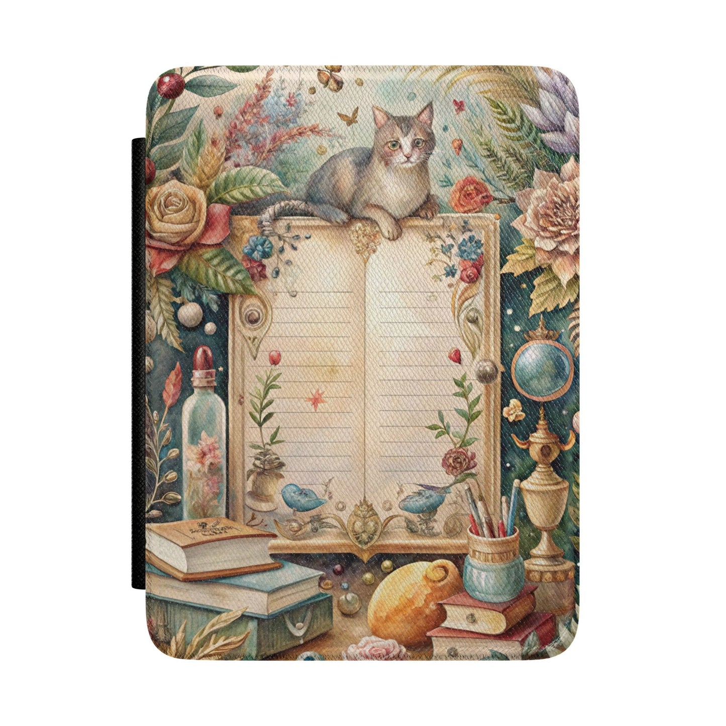 Kindle Case — Whimsical Floral Book Nook with Cat & Open Journal Art