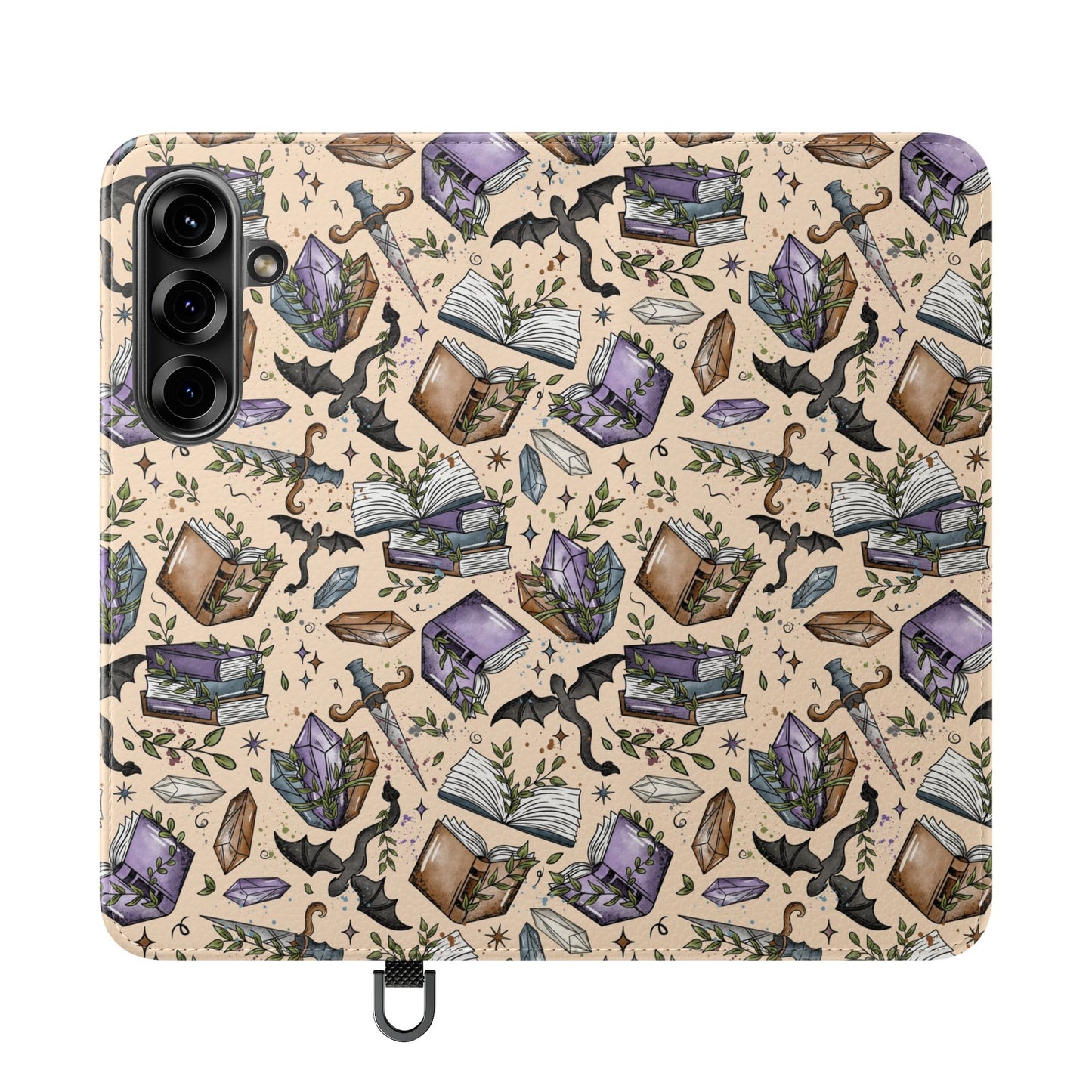 Witchy Bookish Flip Phone Case – Crystal, Bat & Spellbook Wallet Cover