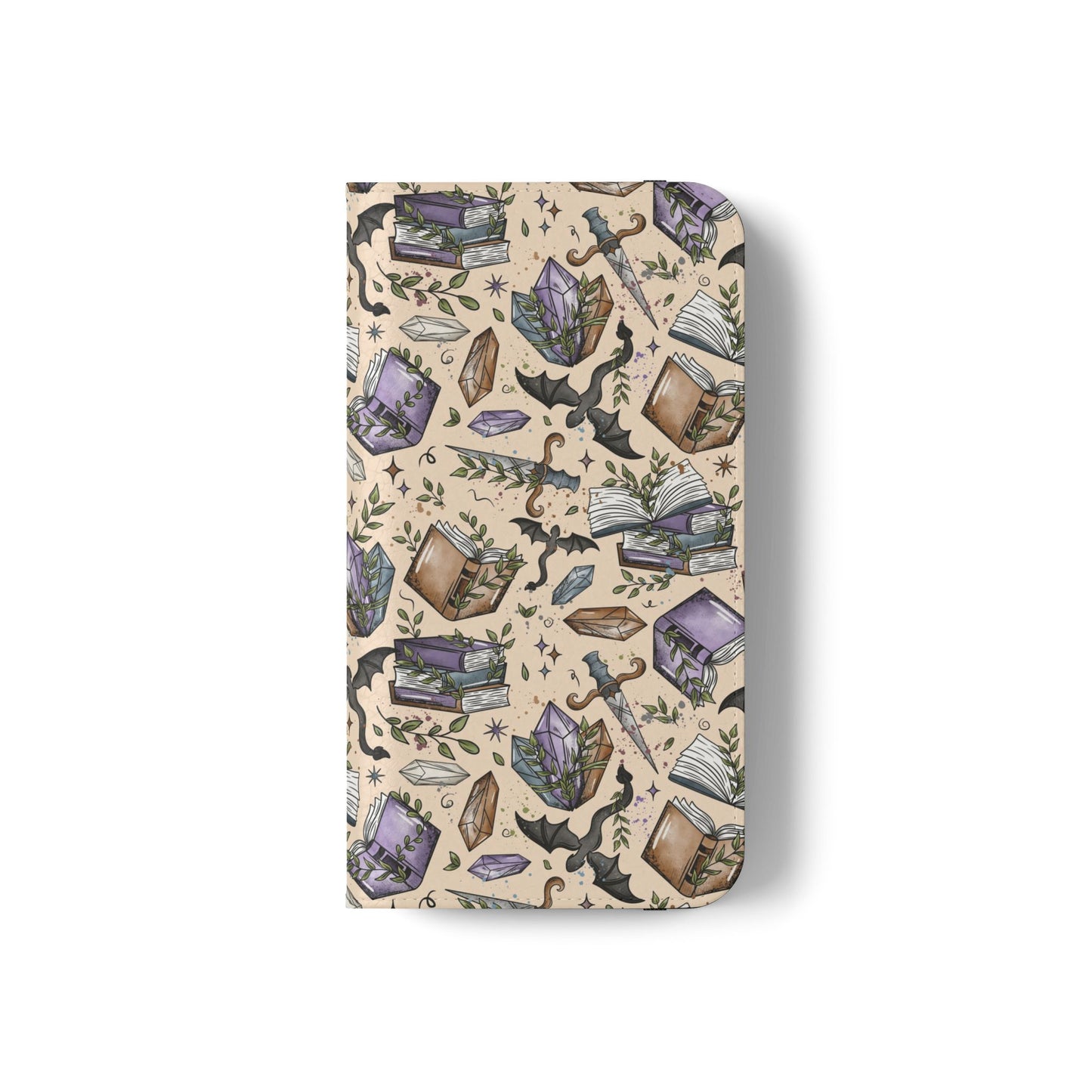 Witchy Bookish Flip Phone Case – Crystal, Bat & Spellbook Wallet Cover