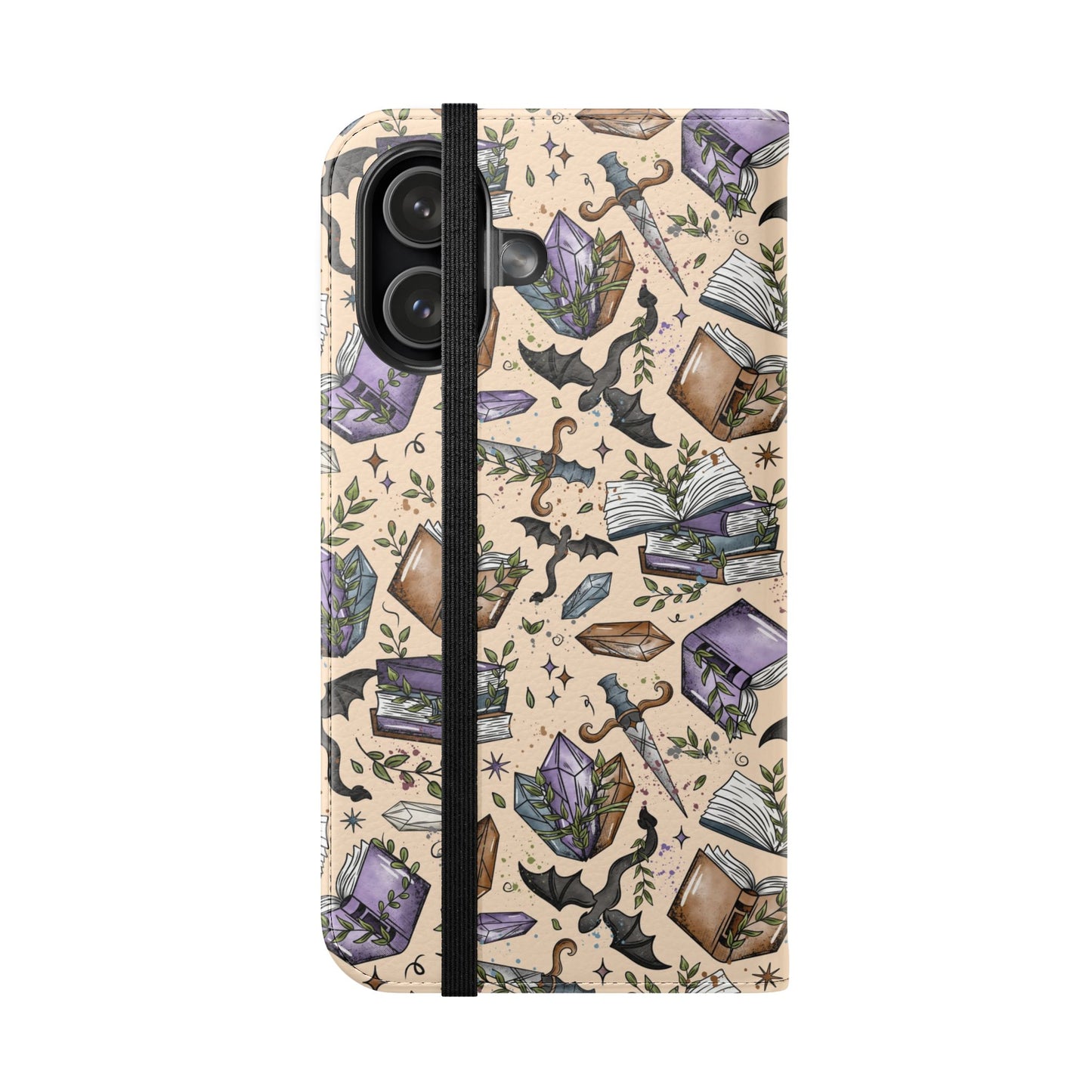 Witchy Bookish Flip Phone Case – Crystal, Bat & Spellbook Wallet Cover