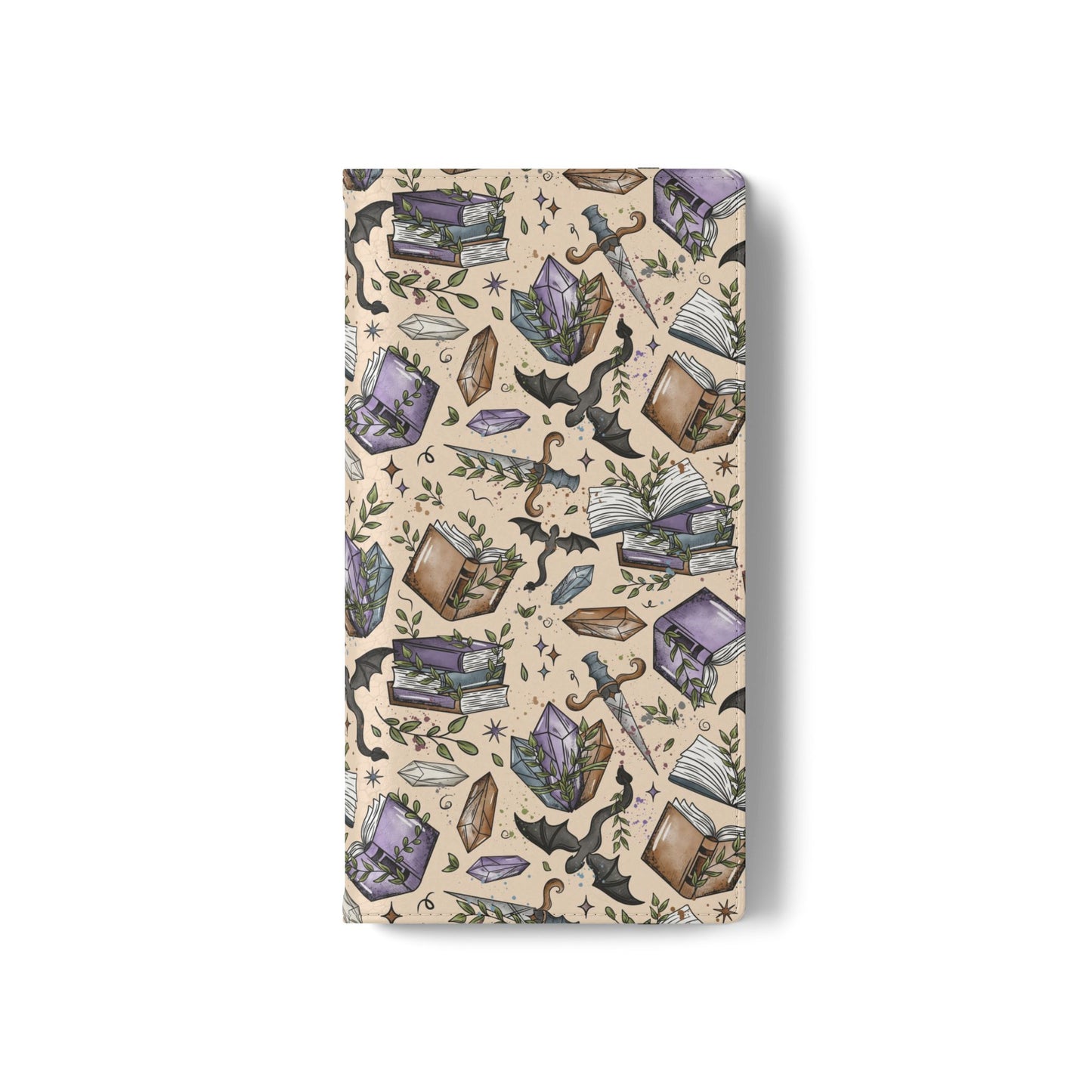 Witchy Bookish Flip Phone Case – Crystal, Bat & Spellbook Wallet Cover