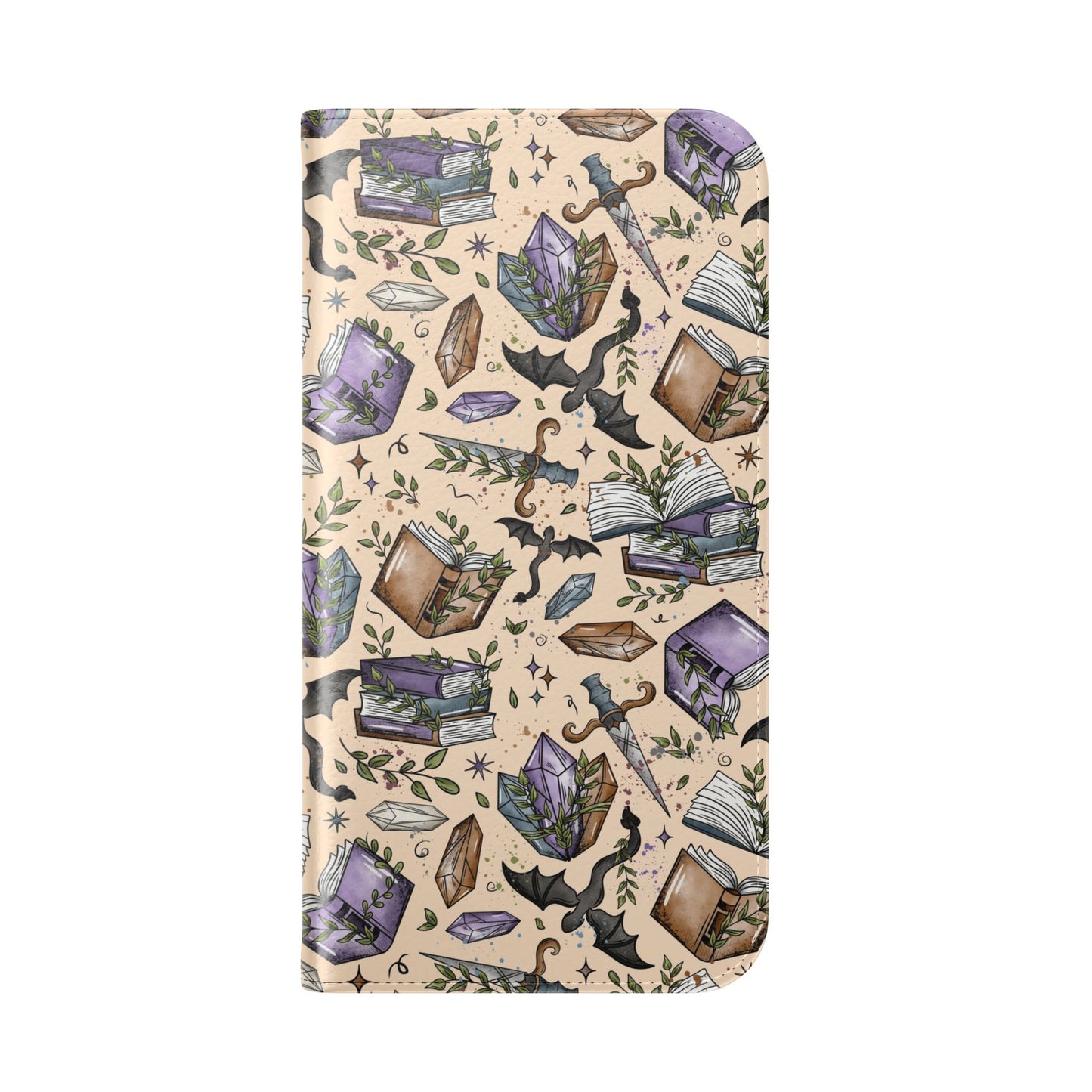 Witchy Bookish Flip Phone Case – Crystal, Bat & Spellbook Wallet Cover