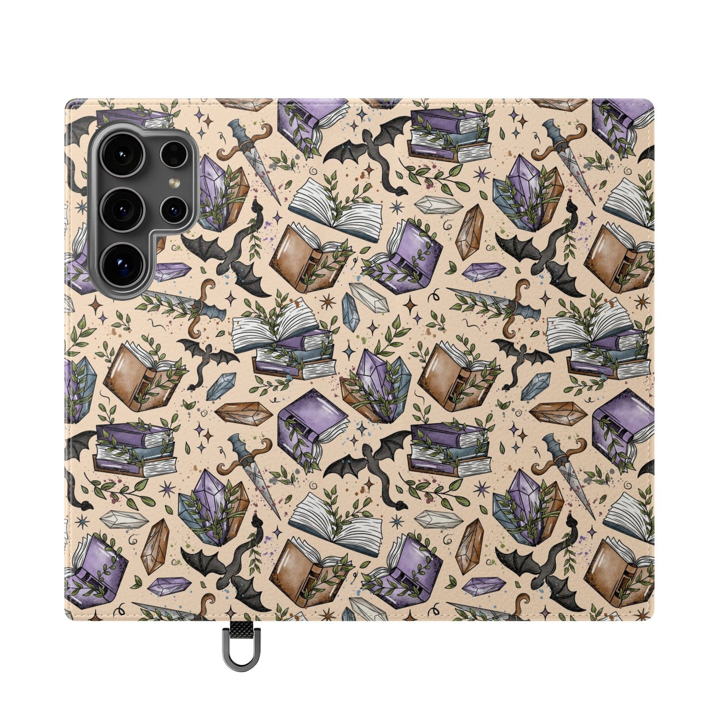 Witchy Bookish Flip Phone Case – Crystal, Bat & Spellbook Wallet Cover